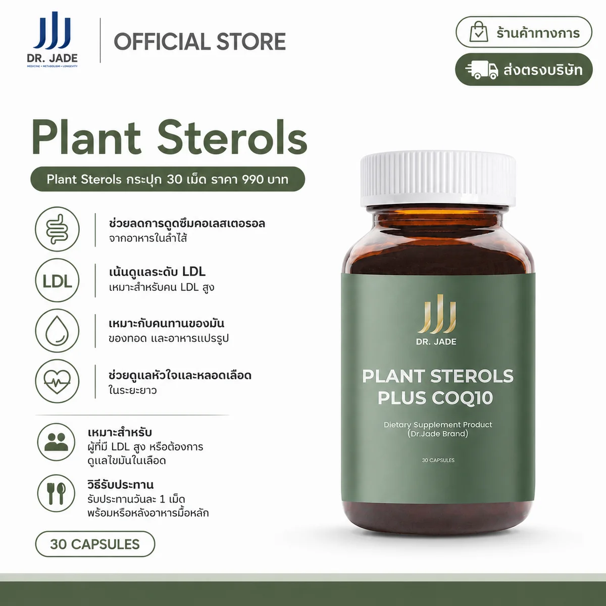 ผลิตภัณฑ์เสริมอาหาร Dr. Jade Plant Sterols Plus CoQ10 30 เม็ด